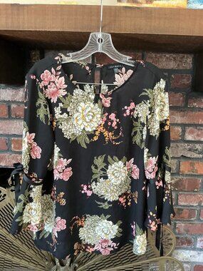 Lily Black | Floral Bell-Sleeve Blouse with Grosgrain Ribbon Ties